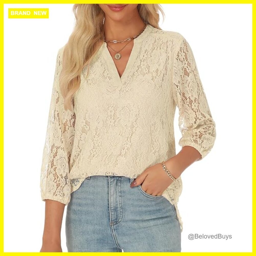 Lace Blouse 3/4 Sleeve V-Neck Floral Print Business Casual Top